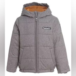 New Timberland Boys Water Resistant Puffer Jacket Winter Coat Gray Hoodie SZ 5